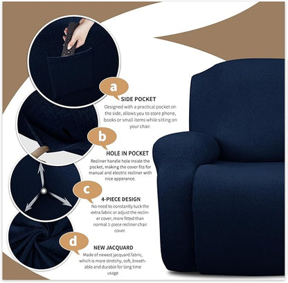 JIVINER Oversized Recliner Chair Covers 4 Piece Stretch Lazy Boy Recliner Sofa Slipcover Jacquard Large Recliner Covers with Elastic Bottom Soft Furniture Protector (XL Recliner,Navy Blue)