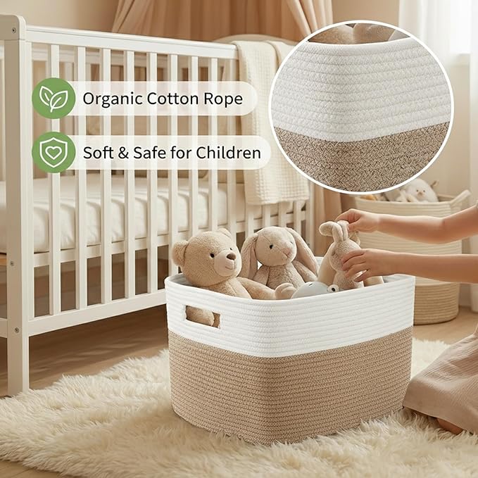 JMvicyroam Woven Blanket Basket,65L Large Storage Bin for Blankets Toys Clothes,Decorative Rope Basket for Living Room Bedroom with Handles, White&Oatmeal