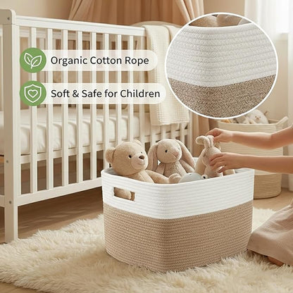 JMvicyroam Woven Blanket Basket,96L Large Storage Bin for Blankets Toys Clothes,Decorative Rope Basket for Living Room Bedroom with Handles, White&Oatmeal