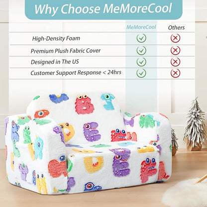 MeMoreCool Glow-in-The-Dark Alphabet Kids Couch – Soft Plush Folding Toddler Chair and Comfy Recliner for Boys and Girls