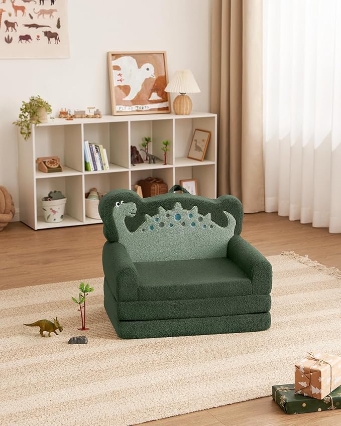 Blissful Diary Kids Couch, 2-in-1 Soft Toddler Couch Fold Out, Toddler Chair Comfy, Convertible Sofa to Lounger with Cute Dinosaur Designs, Dark Green