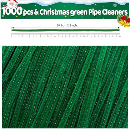 Iooleem 1000pcs Christmas Green Pipe Cleaners, Chenille Stems, Pipe Cleaners for Crafts, Pipe Cleaner Crafts, Art and Craft Suppl.