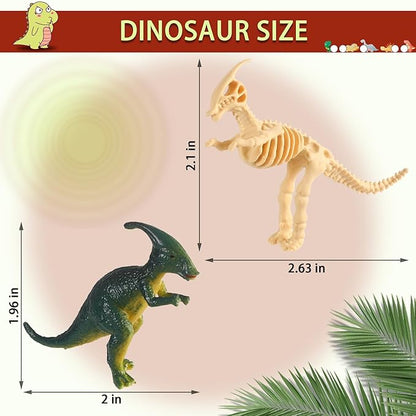 UPINS 24pcs Mini Dinosaur Figures and Dinosaur Fossil Skeletons,Plastic Dinosaurs Assorted Dino Bones with Storage Box Educational Gift for Science Play Sand Dig Party Favor Decorations