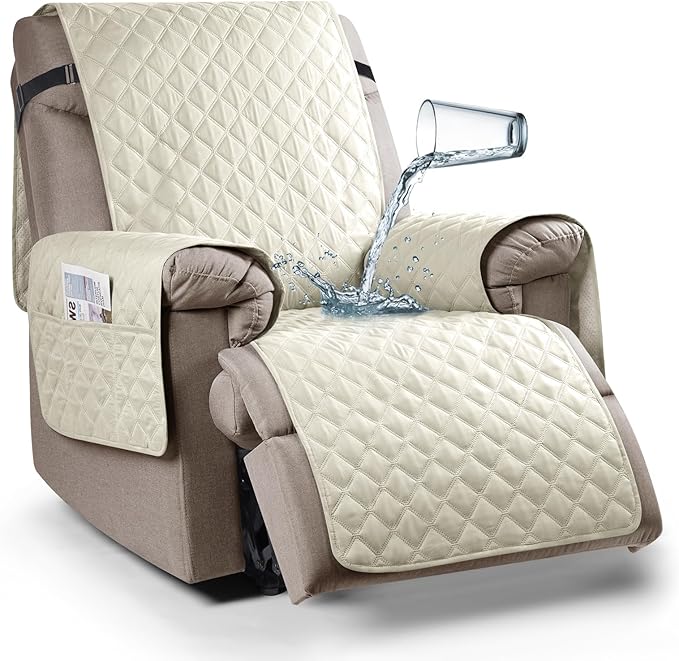 Ruaozz 100% Waterproof Recliner Chair Cover Non-Slip Reclining Cover for Recliner Chair Washable Chair Seat Cover with Elastic Straps for Kids, Dogs, Pets (Ivory, 23'')