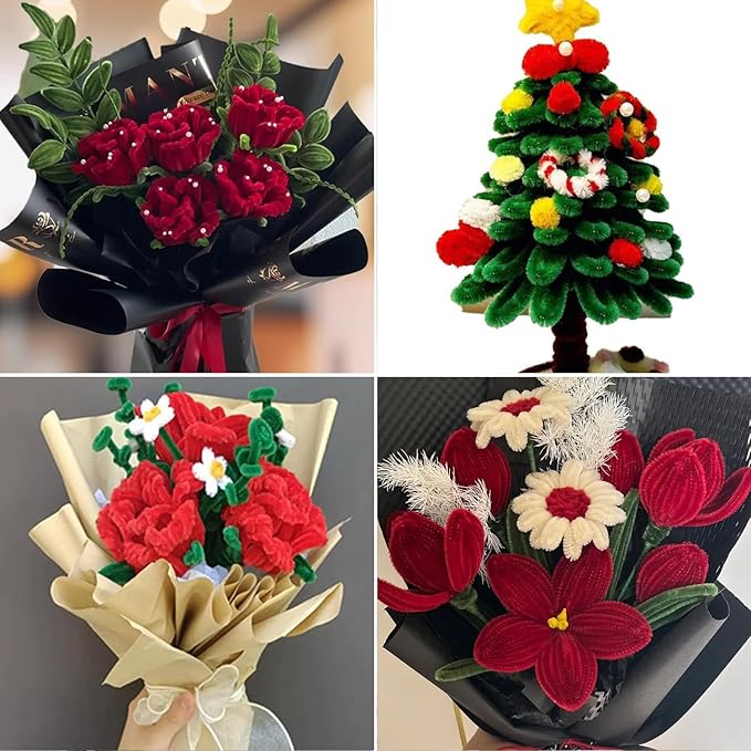 500 Pcs Pipe Cleaners Craft，5 Colors Pipe Cleaners Bulk,Chenille Stems Flowers Craft kit for DIY Handmade Bouquet Wrapping Party Decorations whit Ribbons，Stems,Tape，Stamens, Glue Sticks (Red)