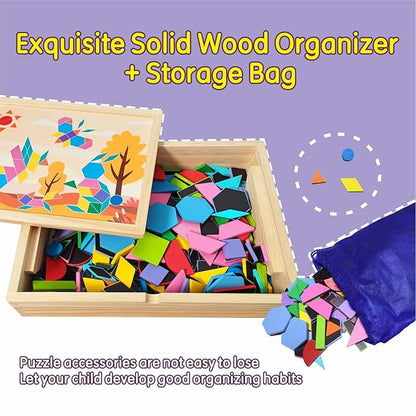 Wooden Pattern Blocks Set, 231 PCS Magnet Pattern Blocks, a Pattern Book and 9 Double-Sided Puzzle Cards, Tangrams for Kids Ages 3+, Early Math Geometric Shapes Concepts Learning Resource