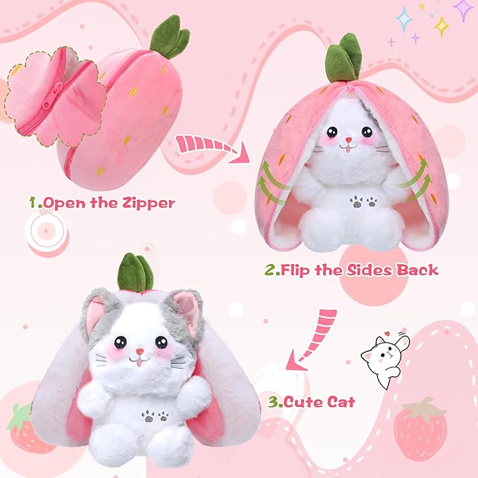 MIAODAM Easter Cat Toys, Stuffed Cat Plush, Kawaii Squishy Cute Strawberry Turn Into Cat Plush, Funny Plushies Toy for Baby & Adult (Strawberry Cat, 11.8inch)