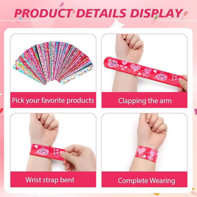 LUYI 108 Pcs Valentines Day Slap Bracelets Wristbands Valentines Day Party Supplies Toys School Class Classroom Game Prizes Goodie Bag Fillers