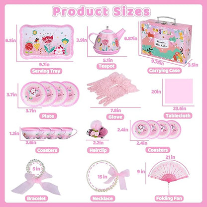 Tea Party Set for Little Girls, Tin Tea Set with Gloves Fan Necklace Bracelet Dress Up Accessories, Princess Tea Time Toys, Kitchen Pretend Play Toy, Birthday Gifts for Kids Toddler Age 3-8