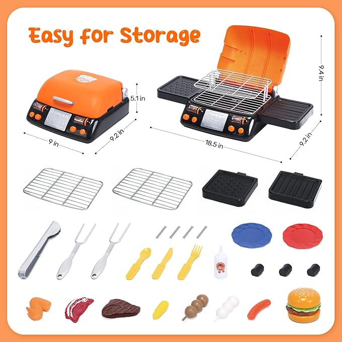 CUTE STONE Cooking Toy BBQ Set, 2 Layers Kids Grill Playset with Play Food, Pretend Smoke Sound and Light, Kitchen Accessories Utensils Toy, Outdoor Camping Barbecue Toys Gift for Toddlers Girls Boys
