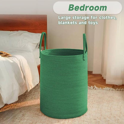 JMvicyroam Large Woven Laundry Basket Hamper,100L Cotton Rope Storage Bin for Blankets,Toys and Clothes,Decorative Tall Nursery Hamper for Living Room,Baby Nursery,Bathroom and Bedroom,Dark Green