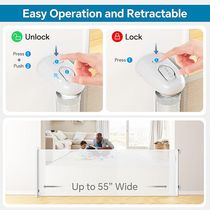 Bulubaky Extra Tall Safety Retractable Baby Gate Adjustable Wide Retractable Dog Gate Mesh Baby Gate Child Gate for Doorway, Hallway, Stair Gates for Kids or Pets (White, 42" Tall x 55" Wide)