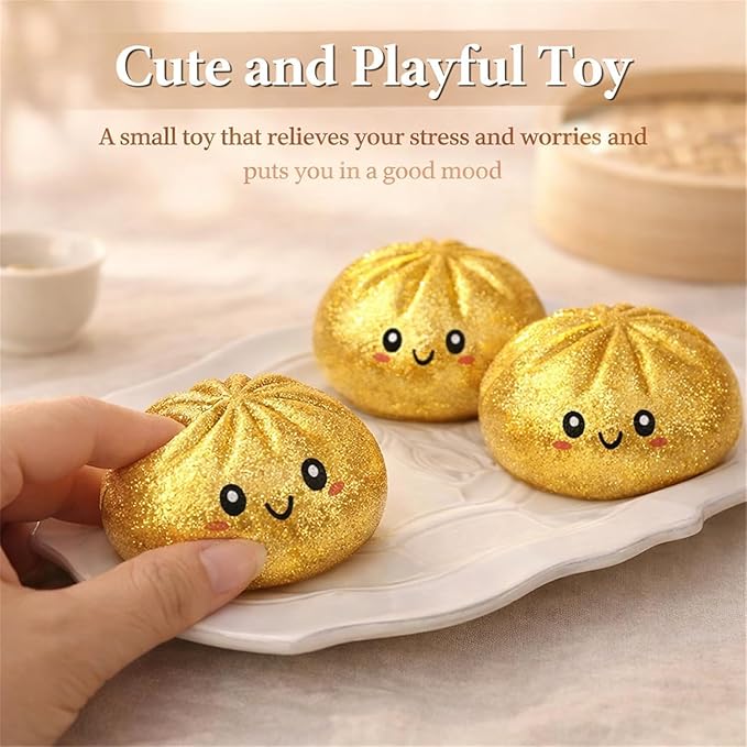 Dumpling Squishies, Glitter Dumpling, Glitter Dumplings Squishy with Box, Dumplings Sensory Squeeze Toy for Stress Relief Stretchy Desk Toys (Gold)