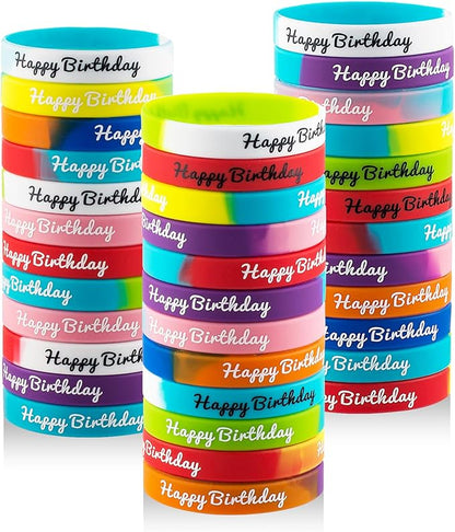 36pcs Happy Birthday Rubber Bracelets Colorful Silicone Stretch Wristbands for Birthday Party Supplies Favors rubber bracelets for kids&teens Classroom Prizes Teacher Supplies