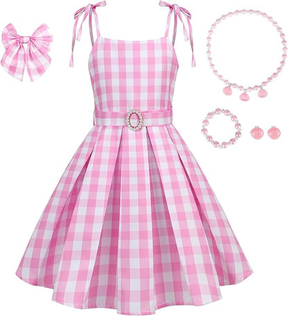 Girls Pink Costume Dress Movie Heroine Cosplay Outfit Gingham Dress for Kids Party Birthday Dress Up