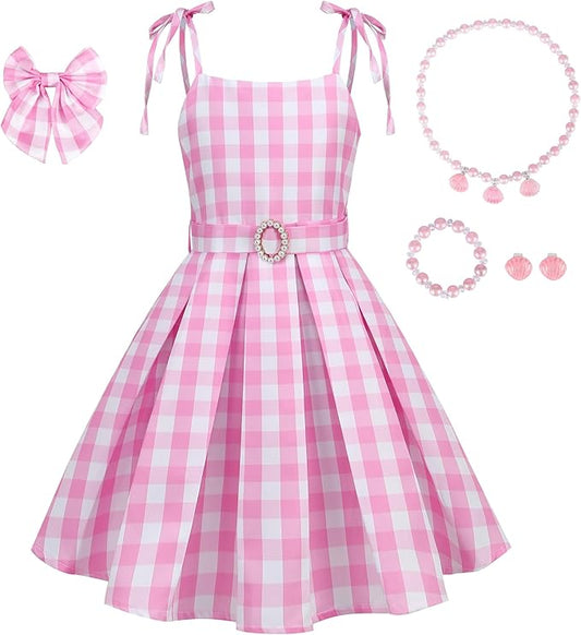 Girls Pink Costume Dress Movie Heroine Cosplay Outfit Gingham Dress for Kids Party Birthday Dress Up