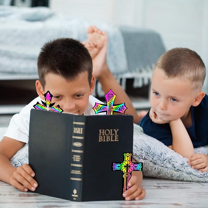 BeYumi 90Pcs Scratch Cross Ornaments DIY Magic Rainbow Color Scratch Cards Paper Art Party Favors Sunday School Classroom Decor Supplies Crafts Kit Religious Christian Birthday Gifts for Kids