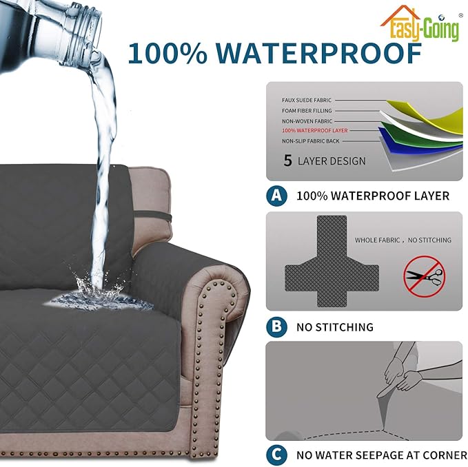 Easy-Going Sofa Slipcover Loveseat Cover Waterproof Couch Cover Washable Sofa Cover for 2 Cushion Couch Non-Slip Fabric Furniture Protector with Pocket for Pets Kids Dog Cat (Loveseat, Dark Gray)