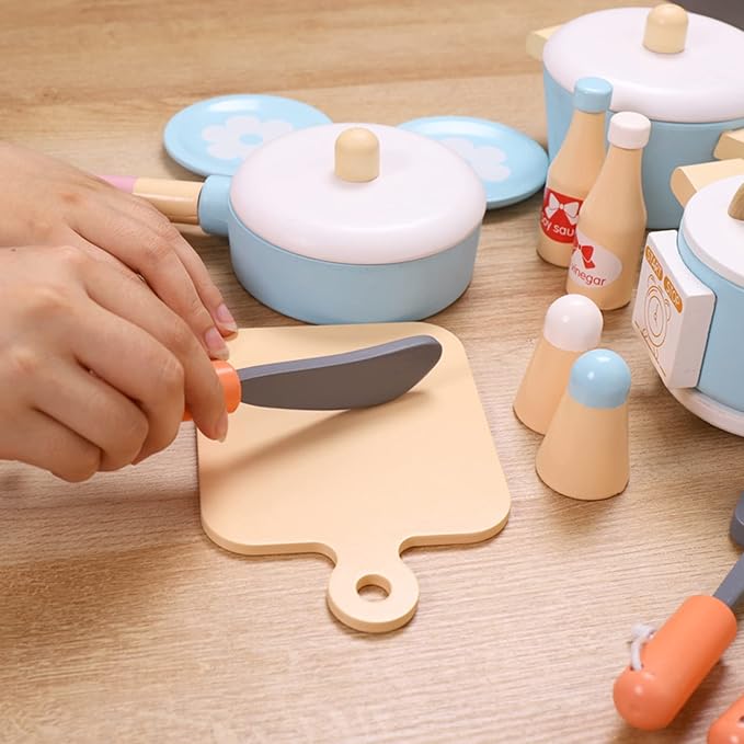 Play Kitchen Accessories, Wooden Play Set Cooking Toys, 17 Pieces Play Cookware Pots and Pans Set, Cooking Simulation Montessori Educational Toys, Christmas Birthday Gifts for Kids Girls Boys 3-7