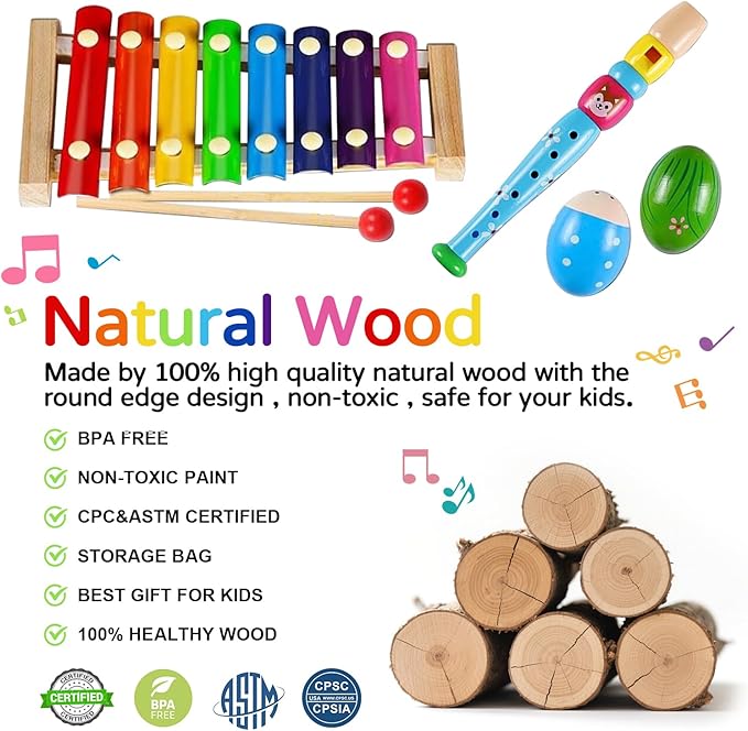 Kids Musical Instruments, INLAIER Toddler Wooden Percussion Instruments Tambourine Xylophone Toys for Kids Children, Preschool Education Early Learning Musical Toy for Boys and Girls with Storage Bag