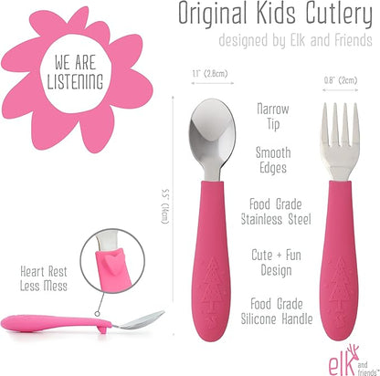 Elk and Friends Silicone Suction Plate for Babies/Toddlers + Stainless Steel Silverware Feeding Set | Divided Plate | Suction Design | Forks + Spoons Included | 3 Pack