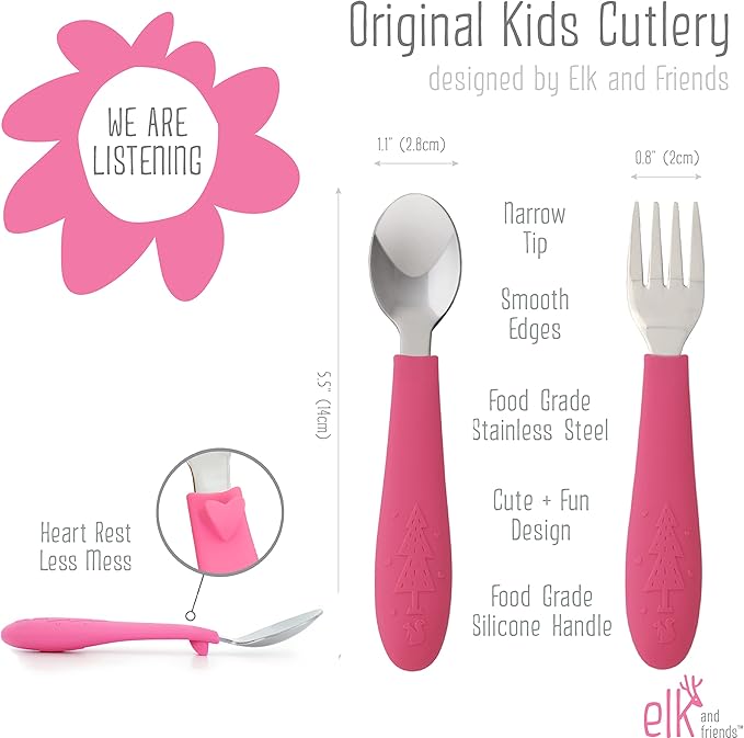 Elk and Friends Silicone Suction Plate for Babies/Toddlers + Stainless Steel Silverware Feeding Set | Divided Plate | Suction Design | Forks + Spoons Included | 3 Pack
