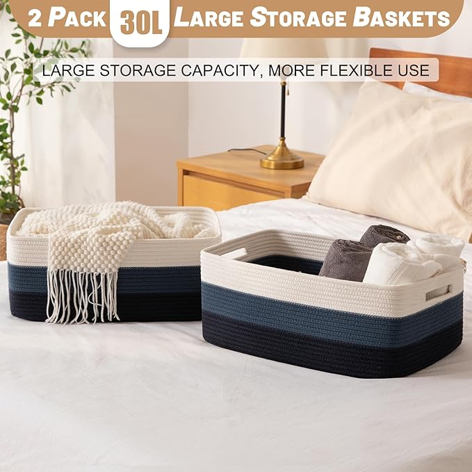 OIASKET Large Storage Basket for Organizing, Woven Rope Basket for Shelves, Closet Organizer Bins for Clothes, Blanket, Toys, Baby Nursery Storage, 17.7" x 13" x 7.87", 2 Packs Gradient Blue