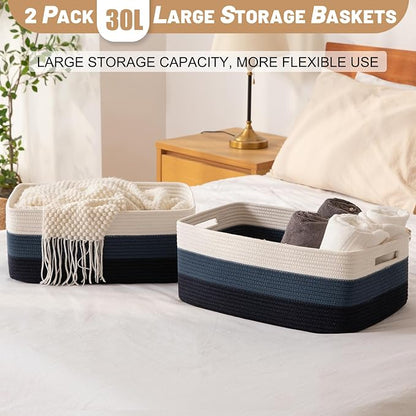 OIASKET Large Storage Basket for Organizing, Woven Rope Basket for Shelves, Closet Organizer Bins for Clothes, Blanket, Toys, Baby Nursery Storage, 17.7" x 13" x 7.87", 2 Packs Gradient Blue