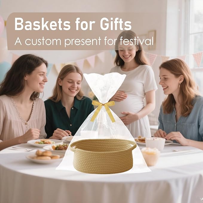 JMvicyroam Woven Basket,Small Rope Storage Bin with Handles & Ribbon Bag, Organizer for Shelves Closets,Gift Basket Empty for Birthday,Books,Dog Toys, Jute