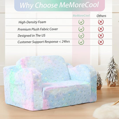 Folding Toddler Chair, Soft Plush Fold Out Kids Couch Sofa Glow in The Dark, Comfy Baby Recliner for Girls Boys (Colorful Star)