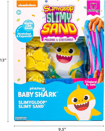 Horizon Group USA Baby Shark SLIMYGLOOP Slimy Sand, Includes 15 Oz. Stretchable, Moldable, Expandable Non-Stick Slimy Play Sand in 3, 3 Molds & 2 Impression Rollers Included