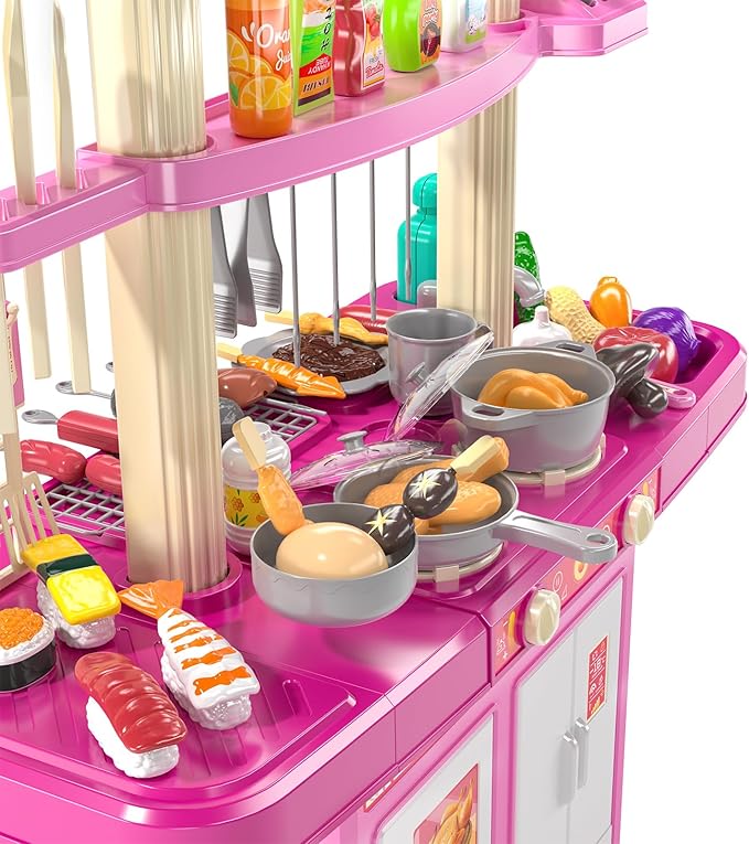 TEMI Kitchen Playset | 2-in-1 Kids Kitchen & Grill Playset, Play Kitchen with 60Pcs Toy Accessories Set, Real Sounds and Light | Pretend Play Set for 3+ Year Old Kids, Girls & Boys