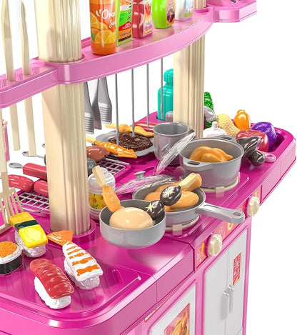 TEMI Kitchen Playset | 2-in-1 Kids Kitchen & Grill Playset, Play Kitchen with 60Pcs Toy Accessories Set, Real Sounds and Light | Pretend Play Set for 3+ Year Old Kids, Girls & Boys