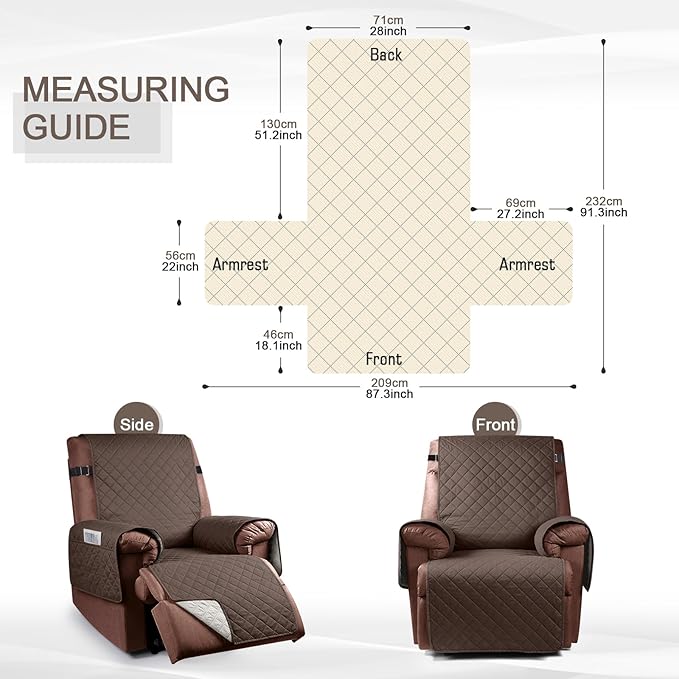 KinCam 100% Waterproof Recliner Chair Cover, Reclining Couch Covers for Pets, Dogs, Recliner Couch Slipcover Furniture Protector with Elastic Straps for Kids(28", Brown)