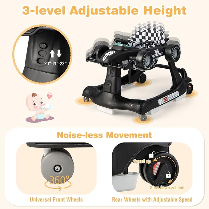 GLACER Foldable Baby Walker, 4-in-1 Infant Walker with Adjustable Height & Speed, Music, Light, Steering Wheel & Washable Cushion, Baby Walker Activity Center for Boys Girls 6 –18 Months (Black)