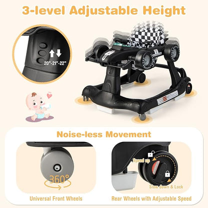 GLACER Foldable Baby Walker, 4-in-1 Infant Walker with Adjustable Height & Speed, Music, Light, Steering Wheel & Washable Cushion, Baby Walker Activity Center for Boys Girls 6 –18 Months (Black)