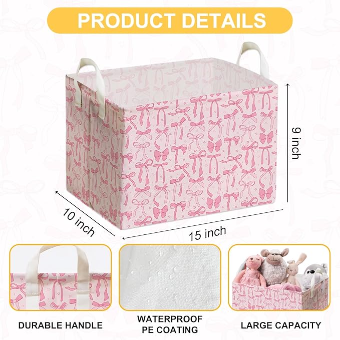 Pink Bow Foldable Storage Bins, Waterproof Toy and Clothes Organizer for Nursery Room, Pink Cute Decorative Fabric Basket for Girls Bedroom, Foldable Gift Box for Game Room, Bow Party Decor