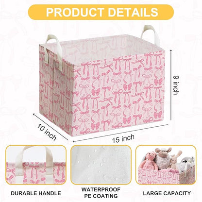 Pink Bow Foldable Storage Bins, Waterproof Toy and Clothes Organizer for Nursery Room, Pink Cute Decorative Fabric Basket for Girls Bedroom, Foldable Gift Box for Game Room, Bow Party Decor