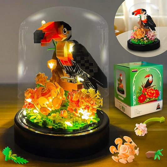 Topdear Flower Parrot Bouquet Building Set with LED String Light and Dust Cover, 660 Pcs Animals Mini Bricks Building Blocks Toy for Kids, Adults, Gift for Mother's Day, Christmas(Black)
