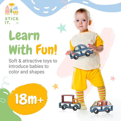 Stick It Montessori Food Grade Silicone Stacking Vehicles, 14 Pcs Toddler Baby Building Blocks Teether Educational Open Ended Shapes STEM Toy, 18+ Months (Set of 3 (Truck, Van, Car))