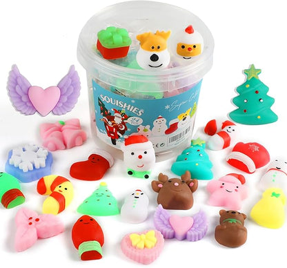 KINGYAO Squishy Fidget Toys, Mini Mochi Squishies 24 Pcs Party Christmas Mochi Favors for Kids Kawaii Snow Man Squishy Stress Relief Toys with Storage Box