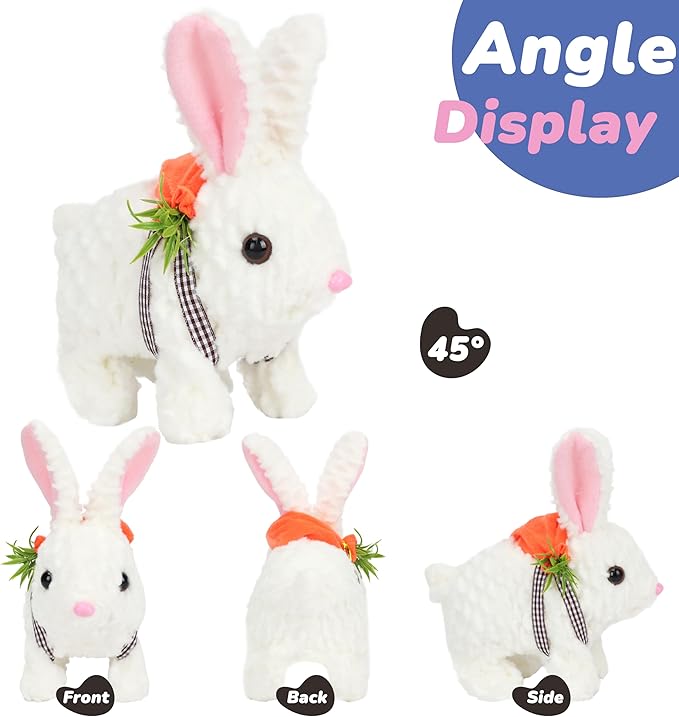 Hopearl Hopping Rabbit with LED Ears Carrot Backpack Interactive Plush Bunny Toy with Sounds Animated Walking Wiggle Light up Ears Twitch Nose Gift for Toddlers, White, 7''