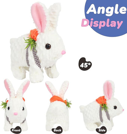 Hopearl Hopping Rabbit with LED Ears Carrot Backpack Interactive Plush Bunny Toy with Sounds Animated Walking Wiggle Light up Ears Twitch Nose Gift for Toddlers, White, 7''