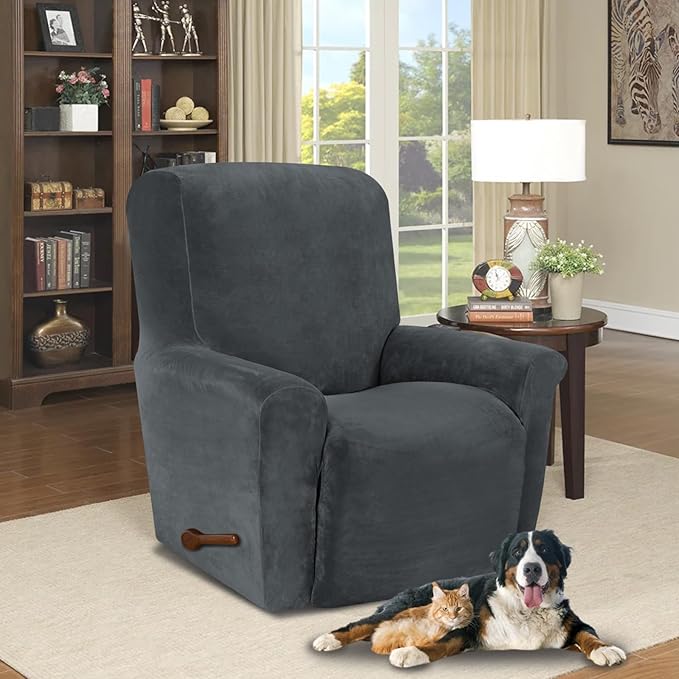 AZON Velvet Stretch Recliner Chair Cover,1-Piece Washable Recliner Couch Cover with Elastic Furniture Protector for Pets, Kids(Recliner, Charcoal)
