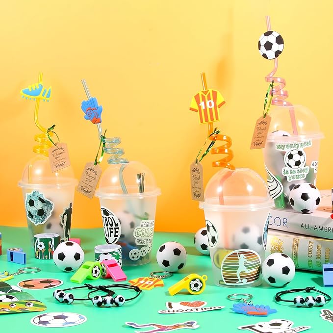 LiYiQ 158 Pcs Soccer Party Favors Soccer Party Supplies with Cup Straw Stress Ball Keychain Sticker Slaps Bracelets Whistle Thank You Tags for Soccer Birthday Decorations (Soccer)