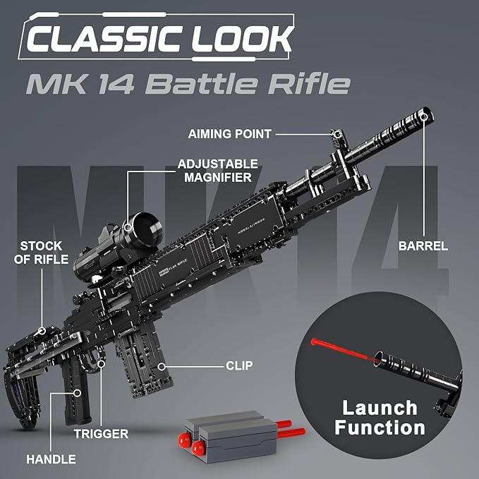 Finger Rock MK14 Building Blocks Set for Adults, 1:1 Simulation Model Toy with Shooting Function, Cool DIY Collectible Building Bricks Gifts for Boys 14+, 1606 Pcs