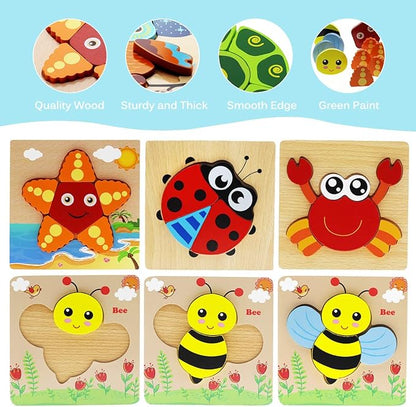 Montessori Toys for 1 2 3 Year Old Boys Girls Wooden Toddler Puzzles Kids Infant Baby Educational Learning Toys for Toddlers 1-3 Gifts 6 Animal Shape Jigsaw Eco Friendly Travel STEM Building Toy Games