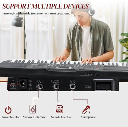 Ktaxon 61 Key Keyboard Piano Electric Keyboard, Electric Piano Set with Headphones, Microphone, Music Rest, Power Adapter, Piano Stand, Piano Bench and Manual (Compact X Stand-Black w/Lighted Keys)