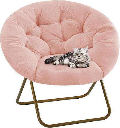 DUMOS Comfy Saucer Chairs, Faux Fur Lounge Bedroom Living Room Flexible Folding Seating for Kids Adults Soft Padded Metal Frame Modern for Home Office Pink