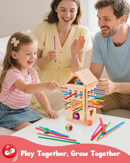 Montessori Toys Wooden Board Games for 3 4 5 6 Years Old, 34 Colorful Wooden Sticks Fine Motor Skills Toy for Kids 4-6, Math&Counting Learning Toy Family Games for Girls Boys 3 Year Olds Gift Ideas